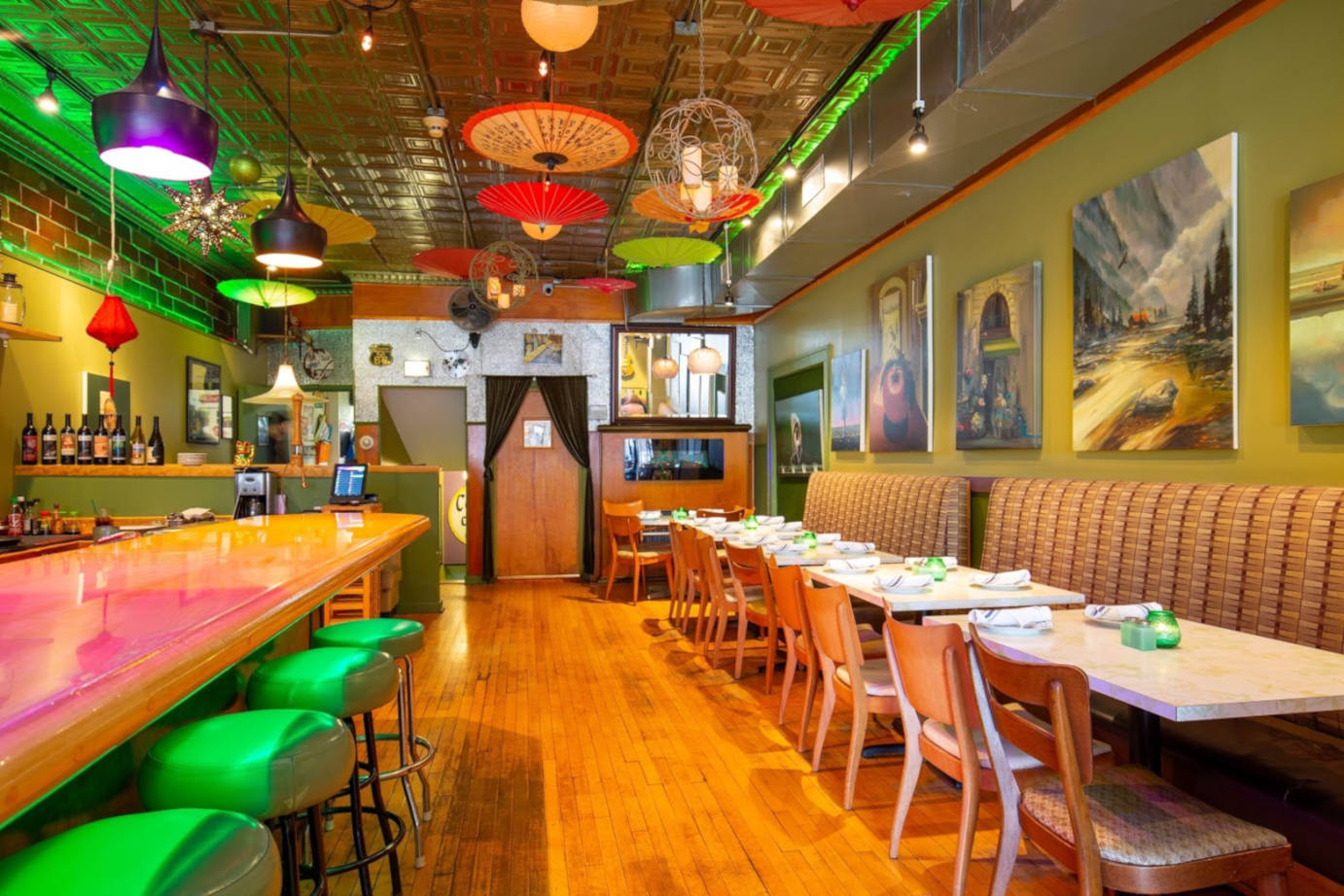 Indoor, sitting and bar area, ceiling decoration.